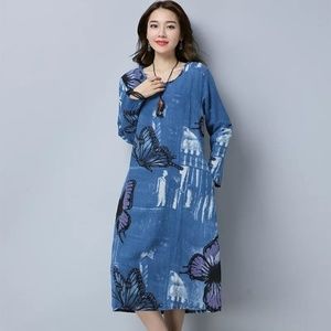 NWOT summer casual linen butterfly dress loose M L